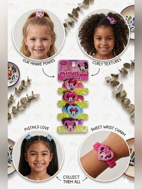 Nwt Disney's Minnie Mouse "Heart Love" Elastic Hair Ponies Set of 4 Terry Bands